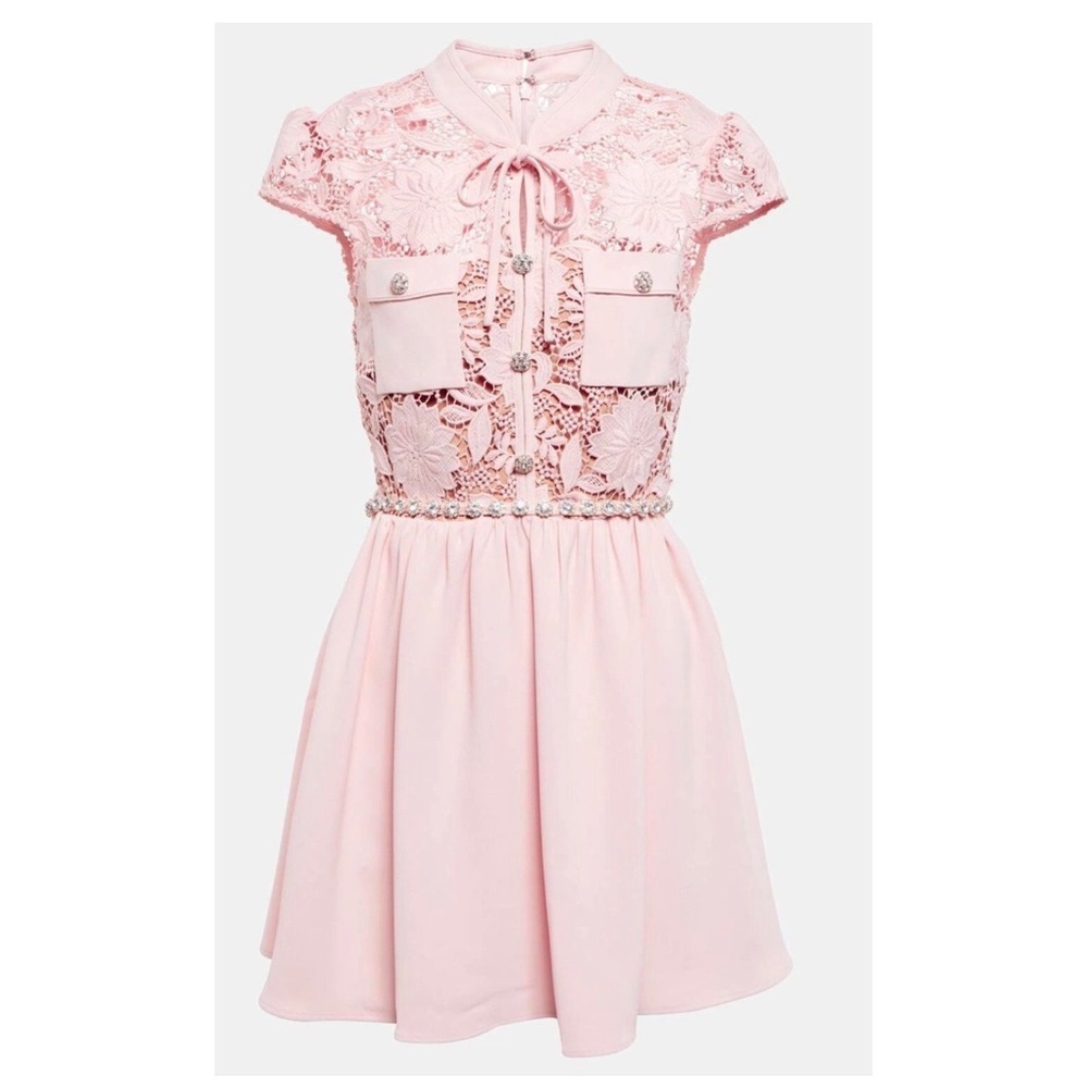 Self-Portrait Pink Lace Crystal Button Mini Dress US 10 UK 14